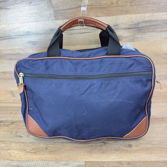 Vtg LL Bean Freeport Maine Canvas Duffle Travel Bag Blue Luggage Leather Trim - Picture 1 of 9